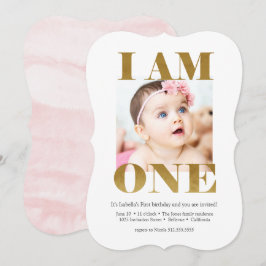 Invitación Elegante rosa + oro con foto primer cumpleaños