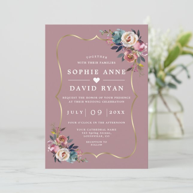 Invitación Elegante Rosa   Oro Floral Azul Dusty Boda (Anverso de pie)