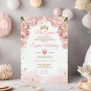Invitación Elegante Rosa Oro Flores Chica Mis Quince