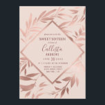 Invitación Elegante Rosa Oro Hojas Florales Rosa Dulce 16<br><div class="desc">Esta invitación formal de Sweet 16 está compuesta por elegantes hojas florales de rosa de Relieve metalizado dorado de moda y bonito impresas a mano sobre un sencillo fondo rosa y de color rosa. Es el diseño perfecto para el hermoso y moderno chica de cumpleaños. Compliquen su evento con clase...</div>
