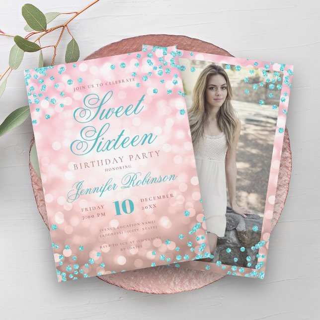 Invitación Elegante Rosa Oro Luces Turquesa Dulce 16 (Elegant Rose Gold Lights Turquoise Sweet 16 Invitation)