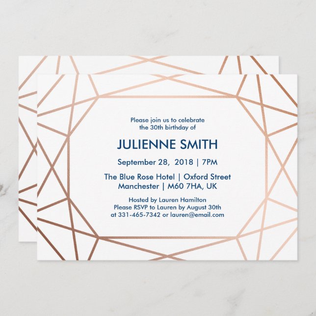 Invitación Elegante Rosa Oro & Navy Blue Geometric Cumpleaños (Anverso / Reverso)
