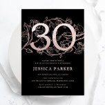 Invitación Elegante Rosa Oro Negro 30 cumpleaños<br><div class="desc">Elegante rosa negro de oro invitación a la fiesta de cumpleaños número 30. Personalizable diseño moderno femenino con acentos botánicos rosas y falso purpurina rosa oro. Sencilla tarjeta de invitación floral perfecta para una elegante celebración de cumpleaños femenina. Personaliza con tus propios detalles. Invitaciones Zazzle impresas o una plantilla imprimible...</div>