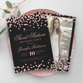 Invitación Elegante Rosa Oro Negro Confetti Foto Dulce 16