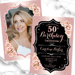 Invitación Elegante Rosa Oro Negro Foto 50 cumpleaños<br><div class="desc">Elegante invitación de 50 años floral femenina con tu foto al fondo de la tarjeta. Diseño de vidrio con oro rosa falso purpurina. Cuenta con rosas rosas rosas rosas negras, fuente de guiones y confiti. Perfecto para un elegante fiesta de celebración de cumpleaños. Personaliza con tus propios detalles. ¡Se puede...</div>