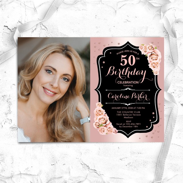 Invitación Elegante Rosa Oro Negro Foto 50 cumpleaños (Subido por el creador)
