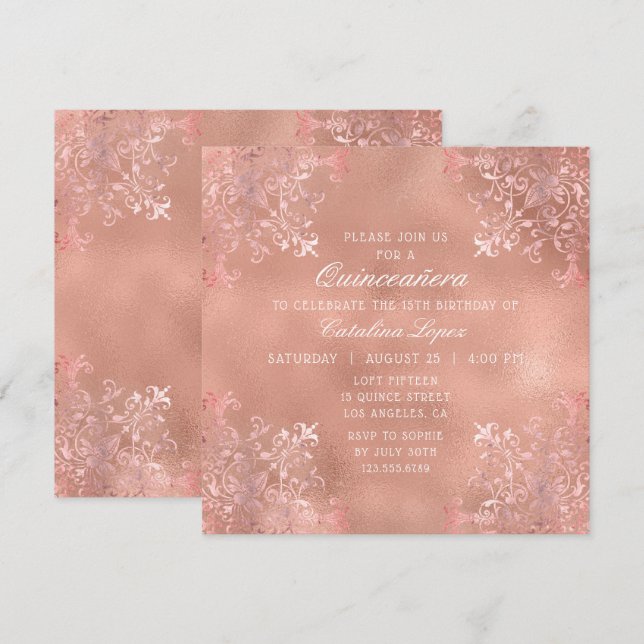 Invitación Elegante Rosa Oro Ornate Floral Quinceañera (Anverso / Reverso)