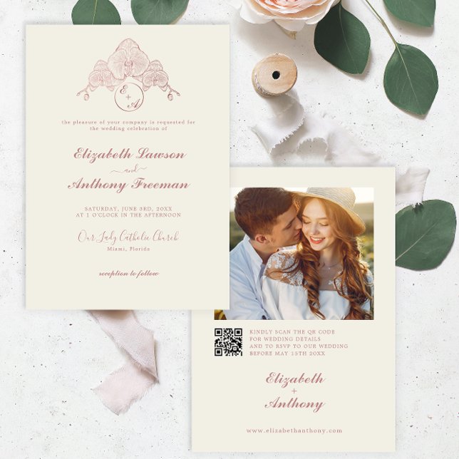 Invitación Elegante Rosa Oro Orquídea Foto Boda de código QR (Subido por el creador)