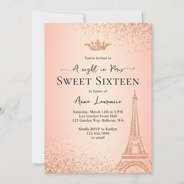 Invitación Elegante Rosa Oro París Tema dulce 16 cumpleaños (Anverso)