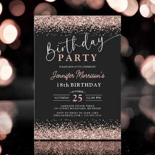 Invitación Elegante Rosa Oro Purpurina Negro 18 cumpleaños