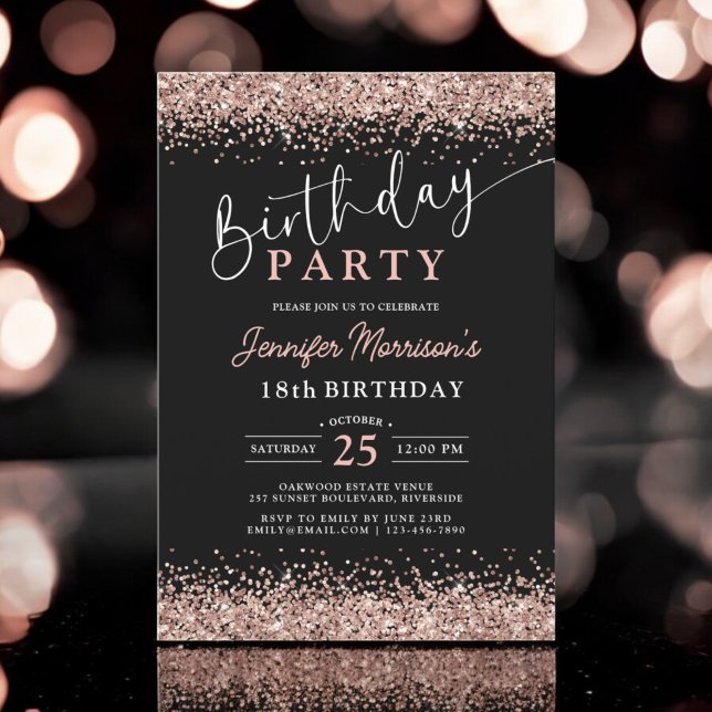 Invitación Elegante Rosa Oro Purpurina Negro 18 cumpleaños (Subido por el creador)