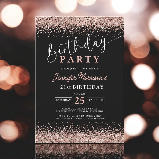 Invitación Elegante Rosa Oro Purpurina Negro 21 cumpleaños (Subido por el creador)