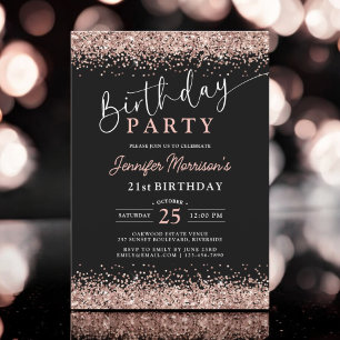 Invitación Elegante Rosa Oro Purpurina Negro 21 cumpleaños