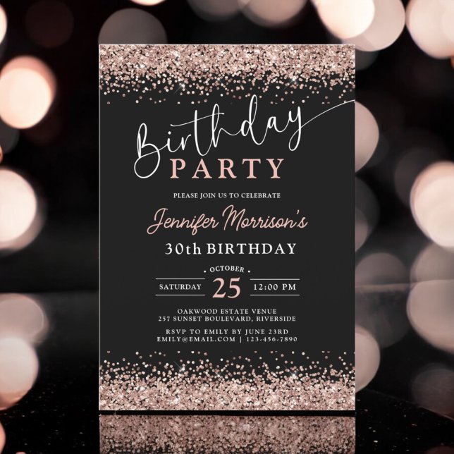 Invitación Elegante Rosa Oro Purpurina Negro 30 cumpleaños (Subido por el creador)