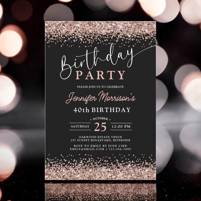 Invitación Elegante Rosa Oro Purpurina Negro 40 cumpleaños (Subido por el creador)