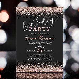 Invitación Elegante Rosa Oro Purpurina Negro 50 cumpleaños