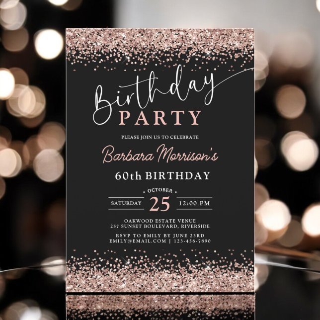 Invitación Elegante Rosa Oro Purpurina Negro 60 cumpleaños (Subido por el creador)