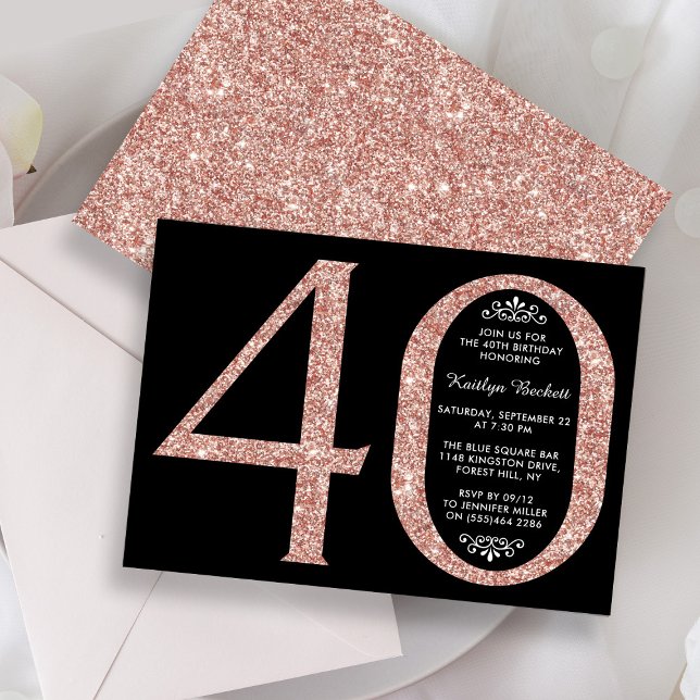 Invitación Elegante Rosa Oro Purpurina Typografía 40 cumpleañ (Subido por el creador)