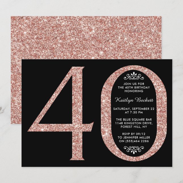 Invitación Elegante Rosa Oro Purpurina Typografía 40 cumpleañ (Anverso / Reverso)