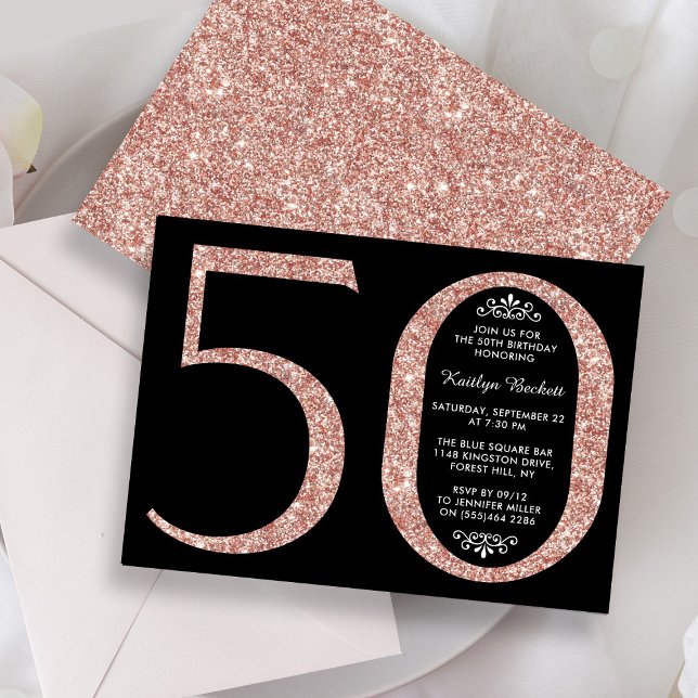 Invitación Elegante Rosa Oro Purpurina Typografía 50 cumpleañ (Subido por el creador)