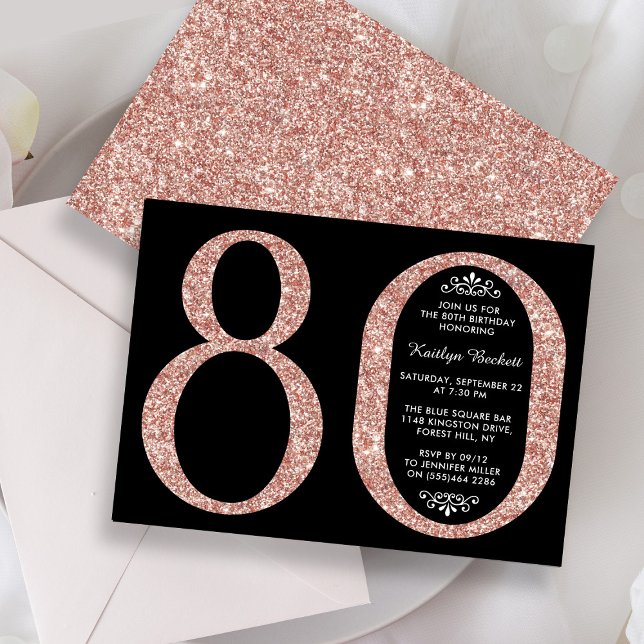 Invitación Elegante Rosa Oro Purpurina Typografía 80 cumpleañ (Subido por el creador)