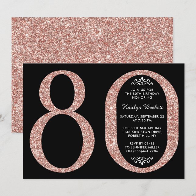 Invitación Elegante Rosa Oro Purpurina Typografía 80 cumpleañ (Anverso / Reverso)