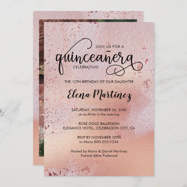 Invitación Elegante Rosa Oro Quinceanera Foto (Anverso / Reverso)