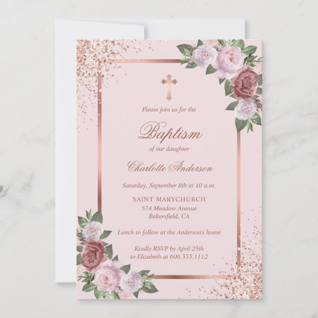 Invitación Elegante Rosa Oro Rosa Chica Floral Bautismo (Anverso)