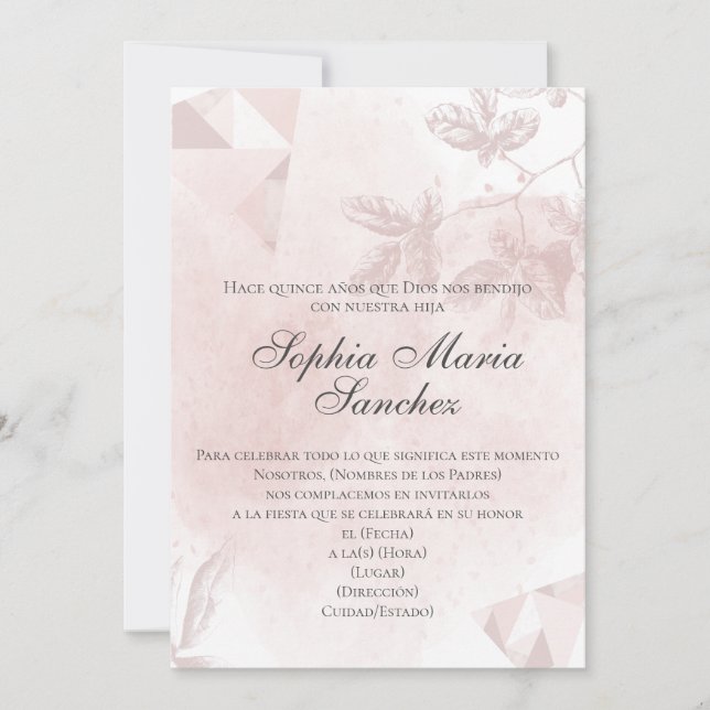 Invitación Elegante rosa oro rosa floral español fraseología (Anverso)