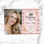 Invitación Elegante Rosa Oro Rosa Foto 50 cumpleaños<br><div class="desc">Elegante invitación de 50 años floral femenina con tu foto. Diseño rosa brillante con rosa de oro falso purpurina. Presenta rayas, rosas rojas, letra de guión y confeti. Perfecto para un elegante fiesta de celebración de cumpleaños. Personaliza con tus propios detalles. ¡Se puede personalizar para cualquier edad! Invitaciones Zazzle impresas...</div>