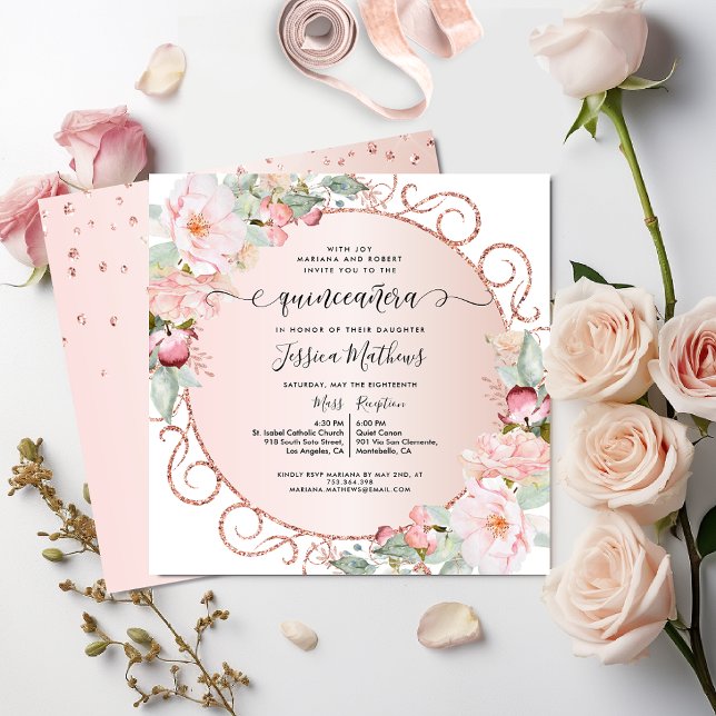 Invitación Elegante rosa, oro Rosa, quinceanera floral Rubor (Subido por el creador)