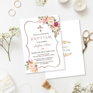 Invitación Elegante Rosa Oro Rubor Bautismo Floral Rosa