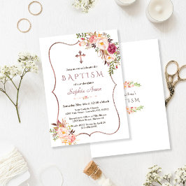 Invitación Elegante Rosa Oro Rubor Bautismo Floral Rosa