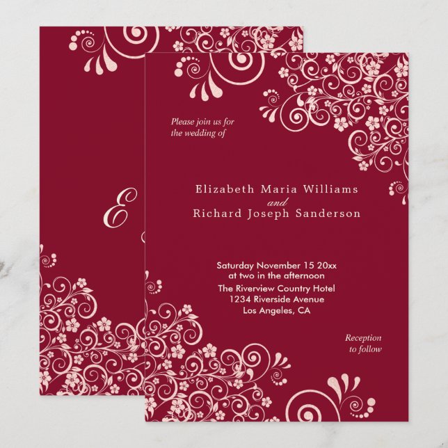 Invitación Elegante Rosa Oro Swirls Borgoña Boda (Anverso / Reverso)