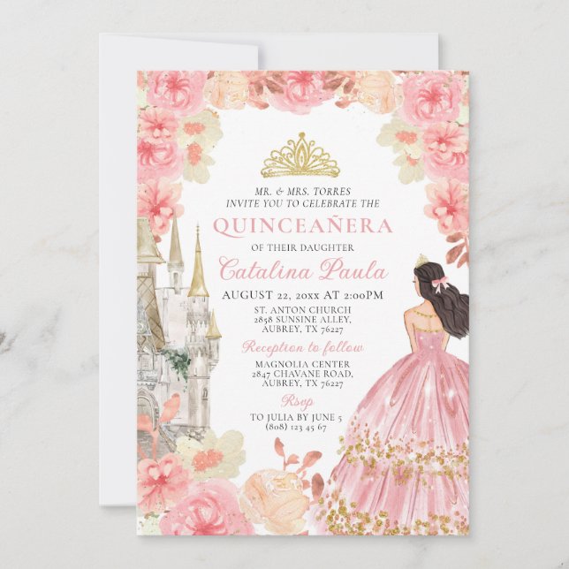 Invitación Elegante Rosa Oro Tíara Princesa Quinceañera (Anverso)