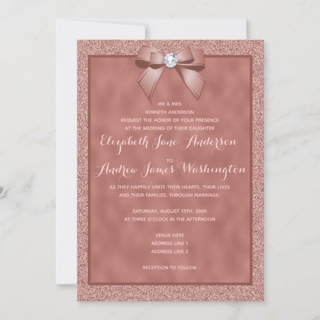Invitación Elegante Rosa Oro y elegante Boda Purpurina (Anverso)