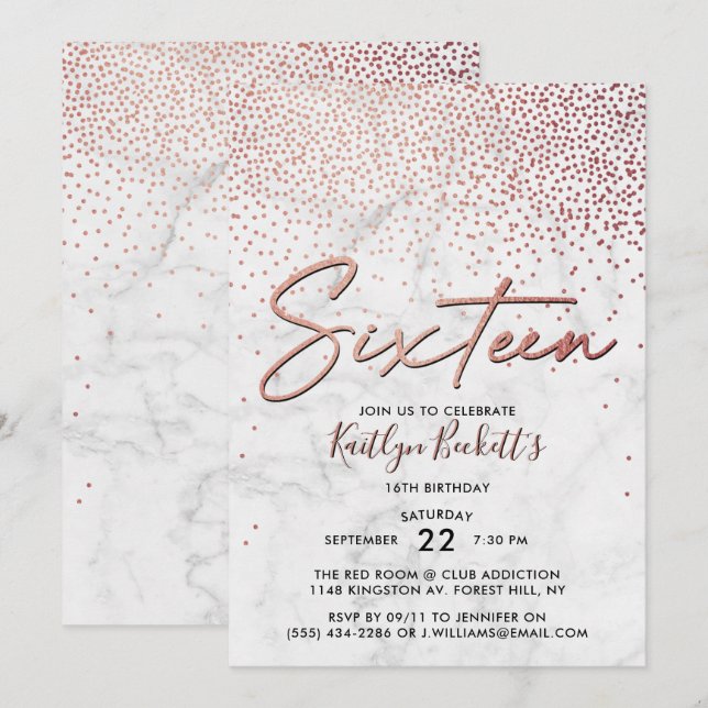 Invitación Elegante Rosa Oro y Mármol 16 cumpleaños (Anverso / Reverso)