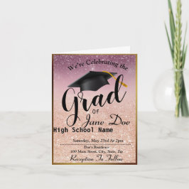 Invitación Elegante Rosa Oro y Purpurina Negro Graduación