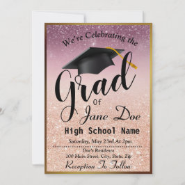 Invitación Elegante Rosa Oro y Purpurina Negro Graduación