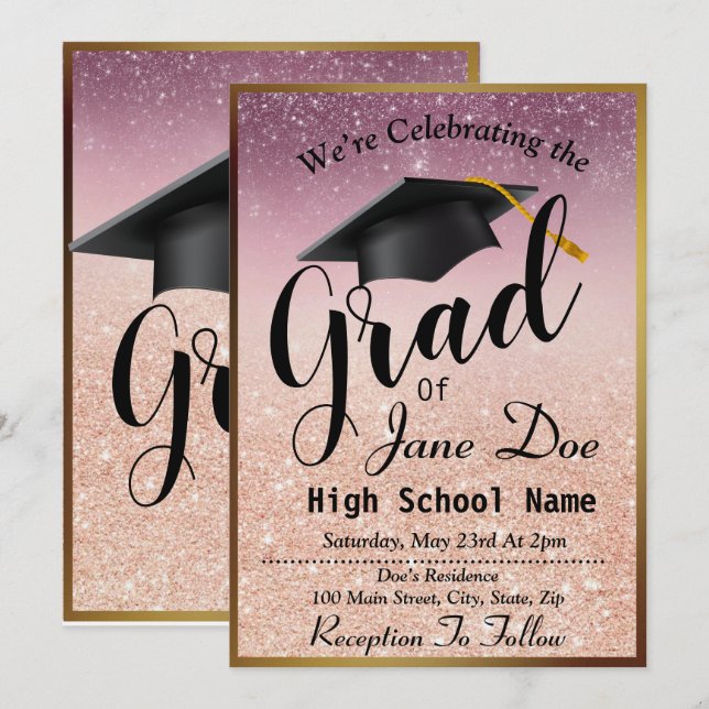 Invitación Elegante Rosa Oro y Purpurina Negro Graduación (Anverso / Reverso)