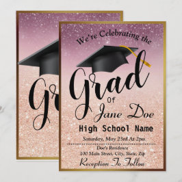 Invitación Elegante Rosa Oro y Purpurina Negro Graduación