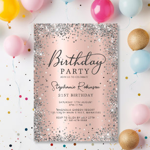Invitación Elegante Rosa Oro y Purpurina Plata 21º cumpleaños