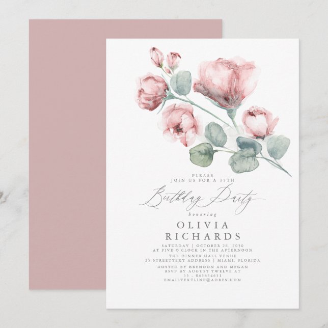 Invitación Elegante rosa oscuro Romántico cumpleaños floral (Anverso / Reverso)