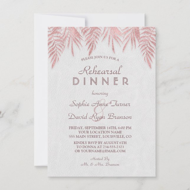 Invitación Elegante Rosa Palm de oro deja cena de ensayo (Anverso)