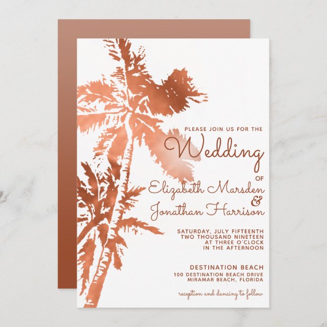 Invitación Elegante Rosa Palm Trees Tropical Boda (Anverso / Reverso)