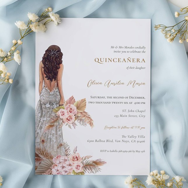 Invitación Elegante Rosa Pampas Vestido de hierba Quinceanera (Subido por el creador)