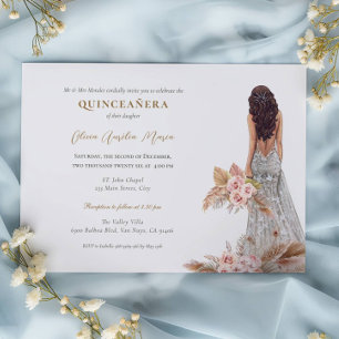 Invitación Elegante Rosa Pampas Vestido de hierba Quinceanera
