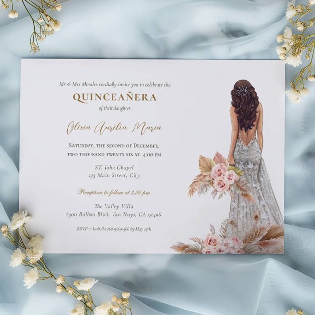 Invitación Elegante Rosa Pampas Vestido de hierba Quinceanera (Subido por el creador)