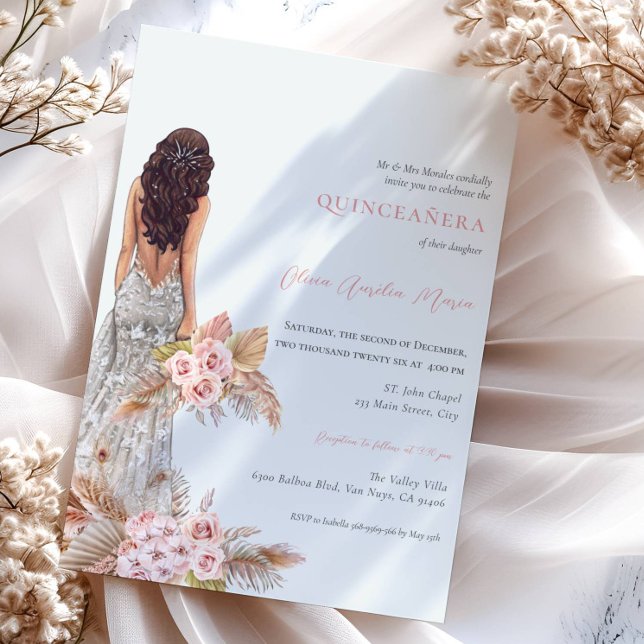 Invitación Elegante Rosa Pampas Vestido de hierba Quinceanera (Subido por el creador)