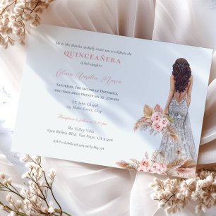 Invitación Elegante Rosa Pampas Vestido de hierba Quinceanera